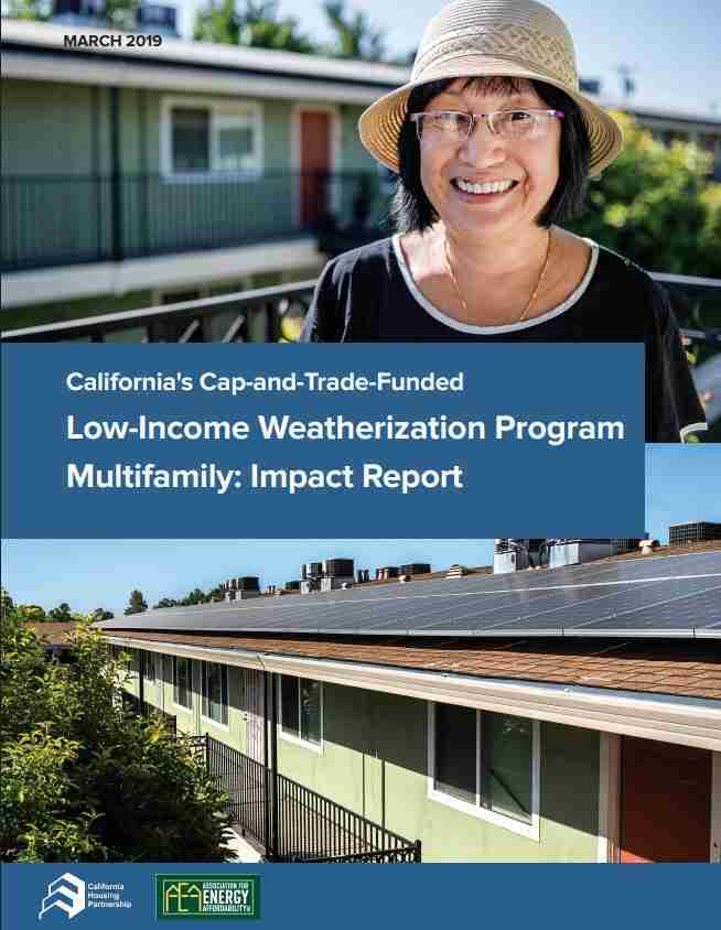 LIWP Multifamily Impact Report cover showing a resident and solar panels on a multifamily building