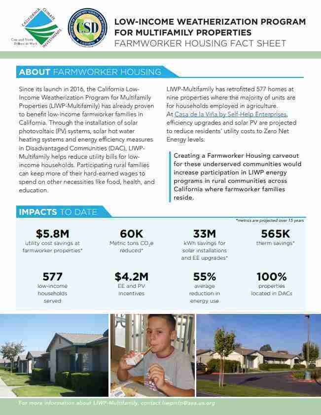 Low-Income Weatherization Program for Multifamily Properties farmworker housing fact sheet cover showing program overview and impact metrics