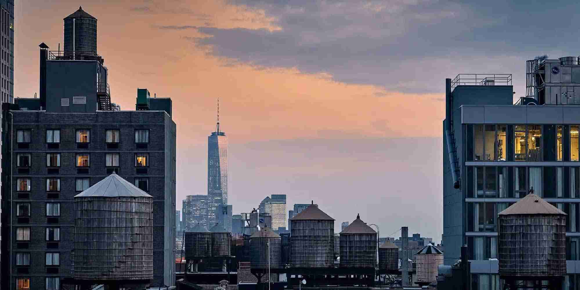 New York City skyline with rooftop water towers and One World Trade Center representing the 2017 AEA Leadership Awards