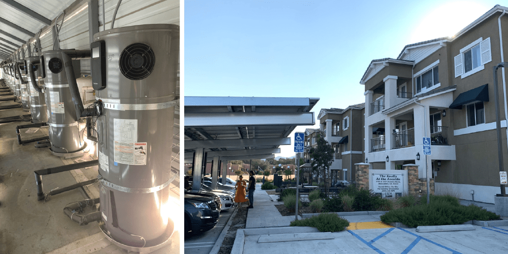 Heat pump water heaters installed at a multifamily housing development demonstrating energy-efficient domestic hot water systems.