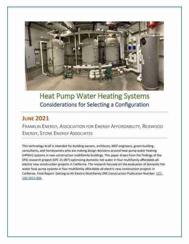 Cover of Heat Pump Water Heating Systems technology brief on domestic hot water configuration selection
