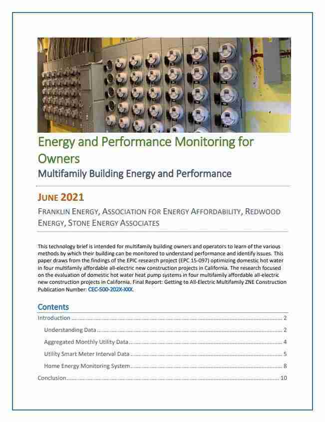 Owner Energy Monitoring Technology Brief cover showing electrical meter panels for multifamily buildings