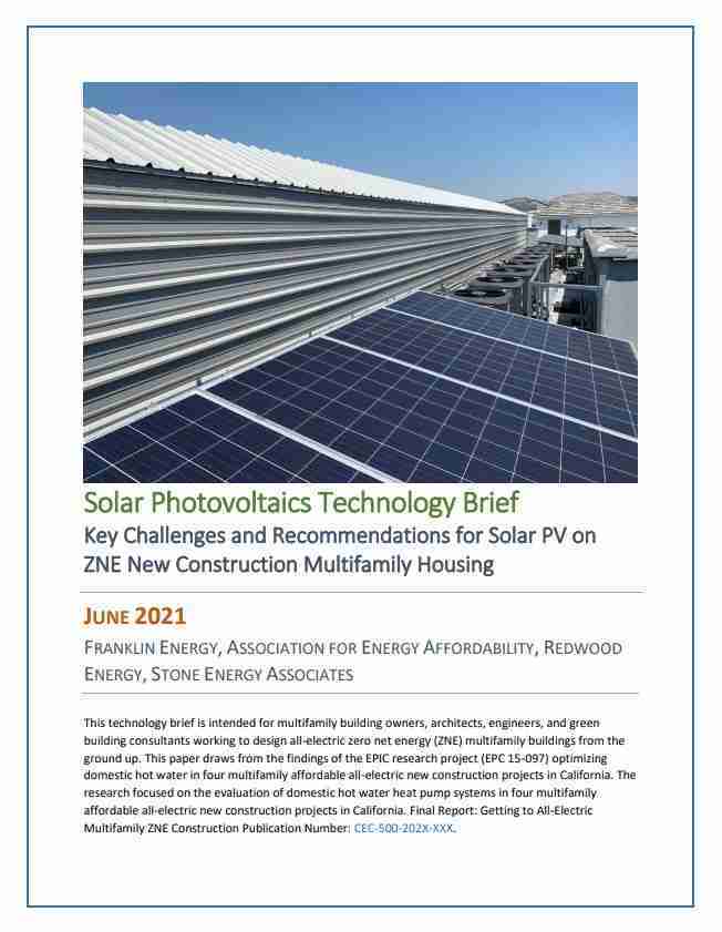 Solar Photovoltaics Technology Brief cover showing rooftop solar panels on a multifamily building