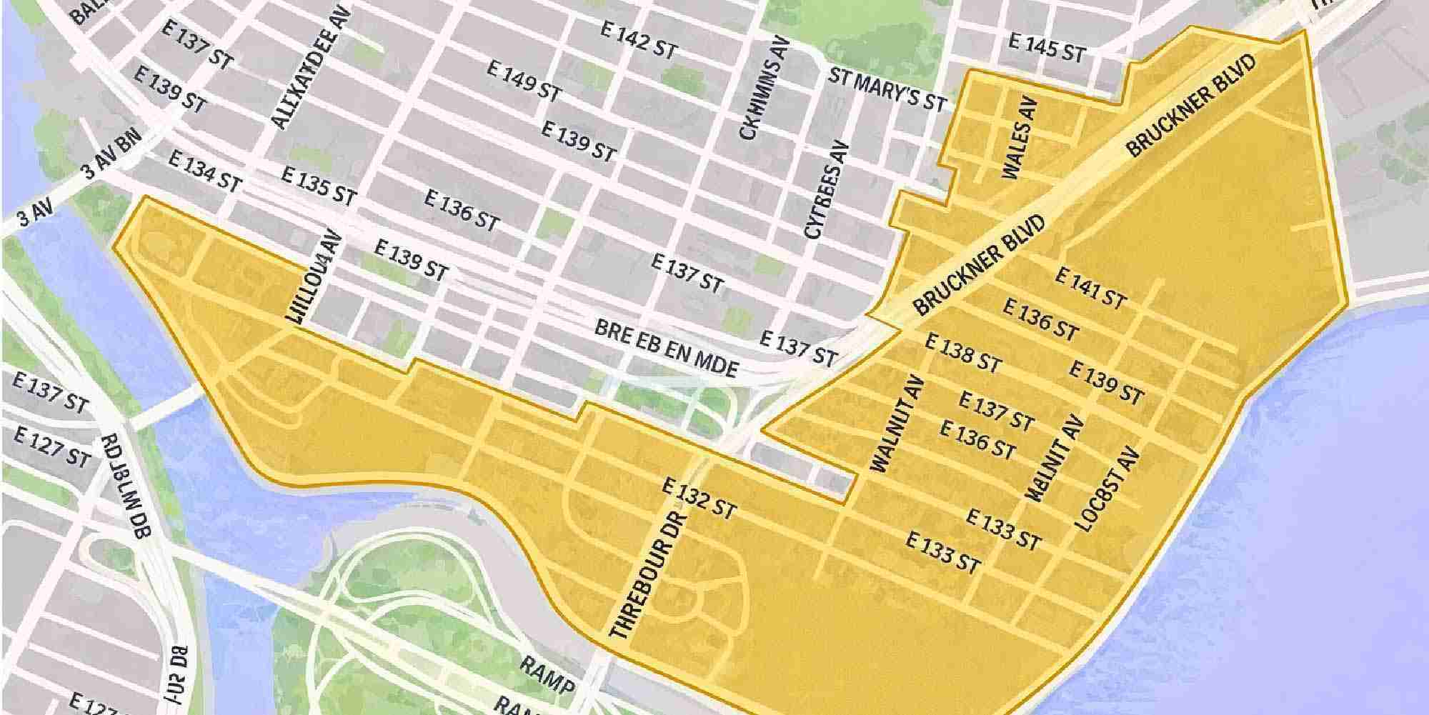 Map highlighting Port Morris and Bruckner Boulevard area in the Bronx