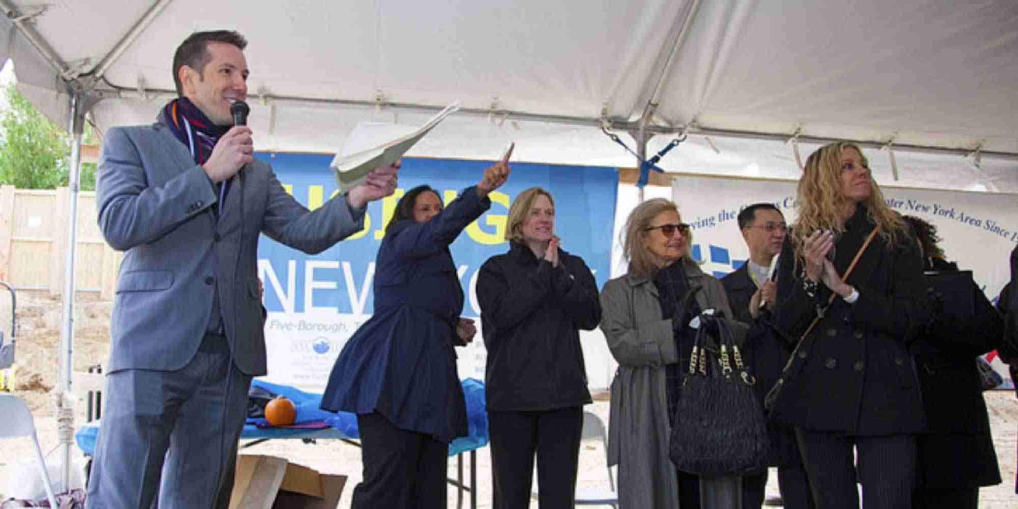 Groundbreaking ceremony for HANAC Corona Multifamily Passive House with speakers and attendees in New York