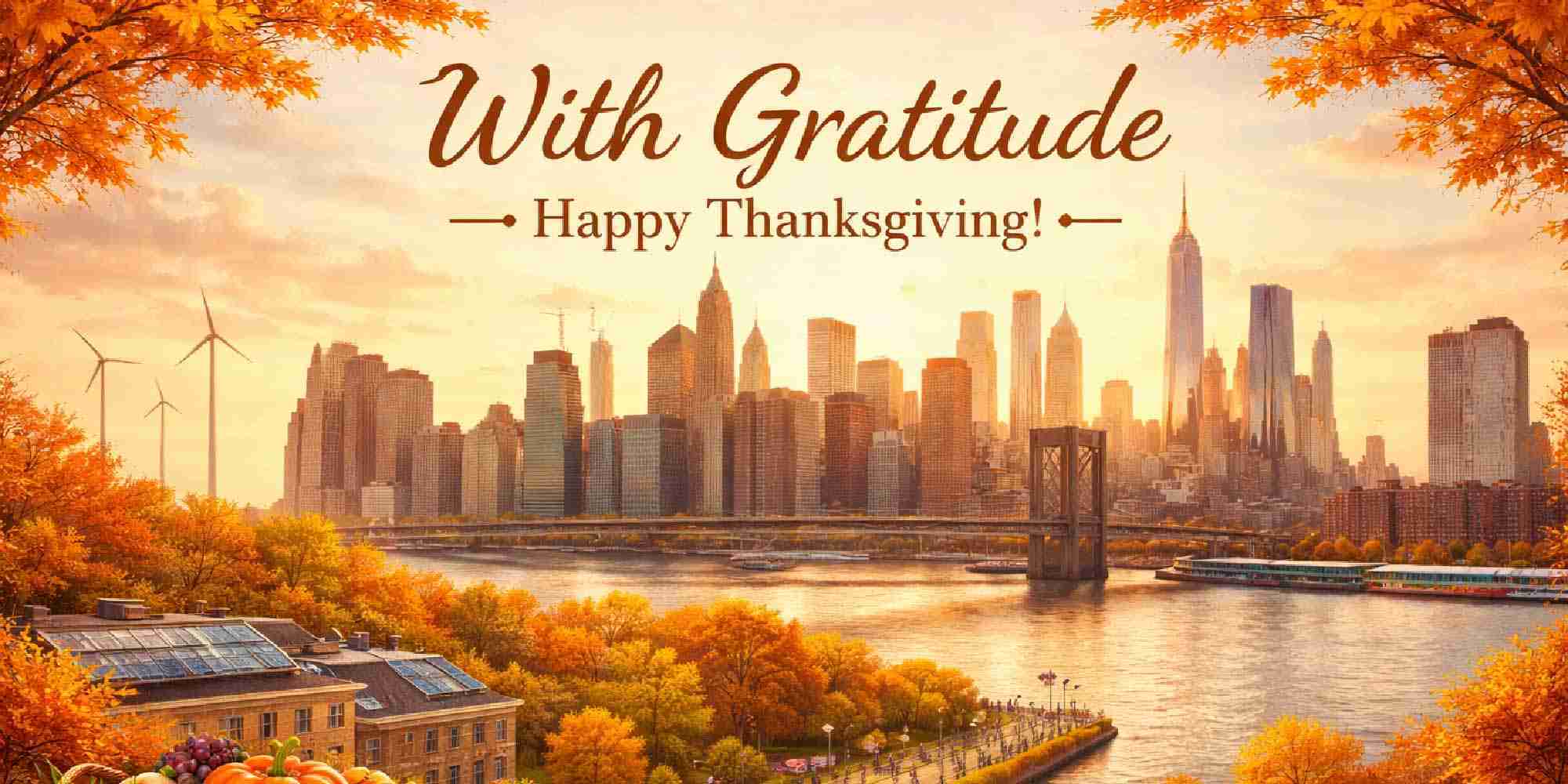 With Gratitude – Happy Thanksgiving message over New York City skyline in autumn