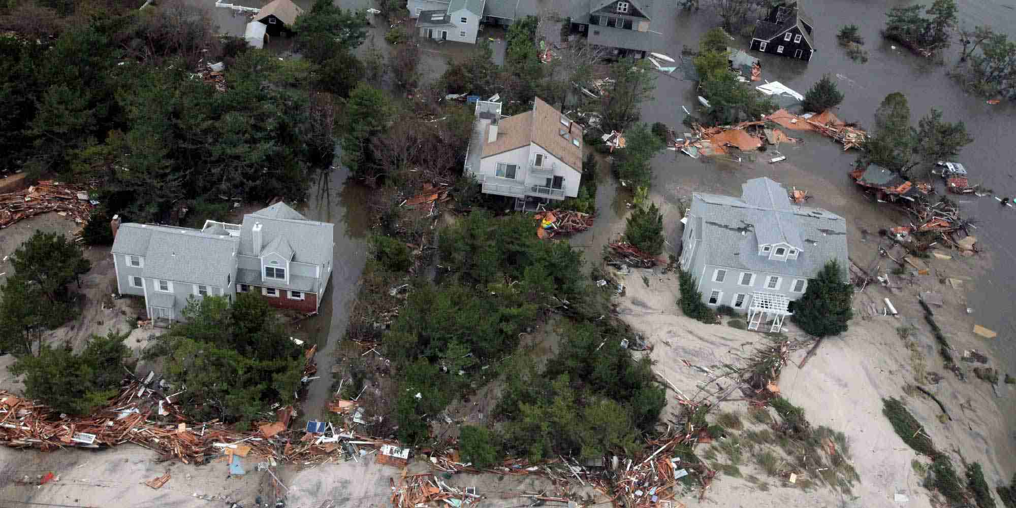 Flooded homes and debris after Hurricane Sandy storm surge damage