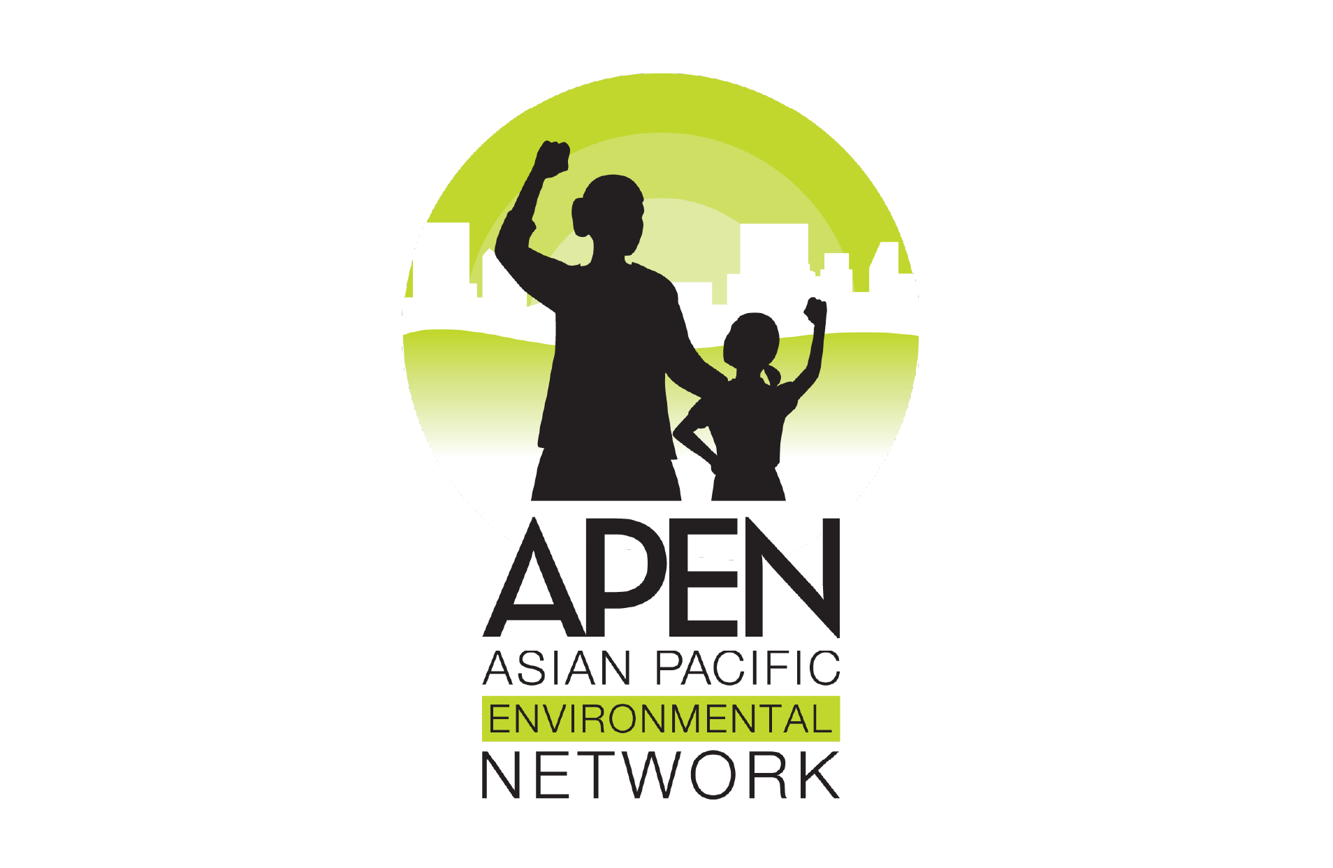 APEN Asian Pacific Environmental Network logo with community silhouettes and green city background