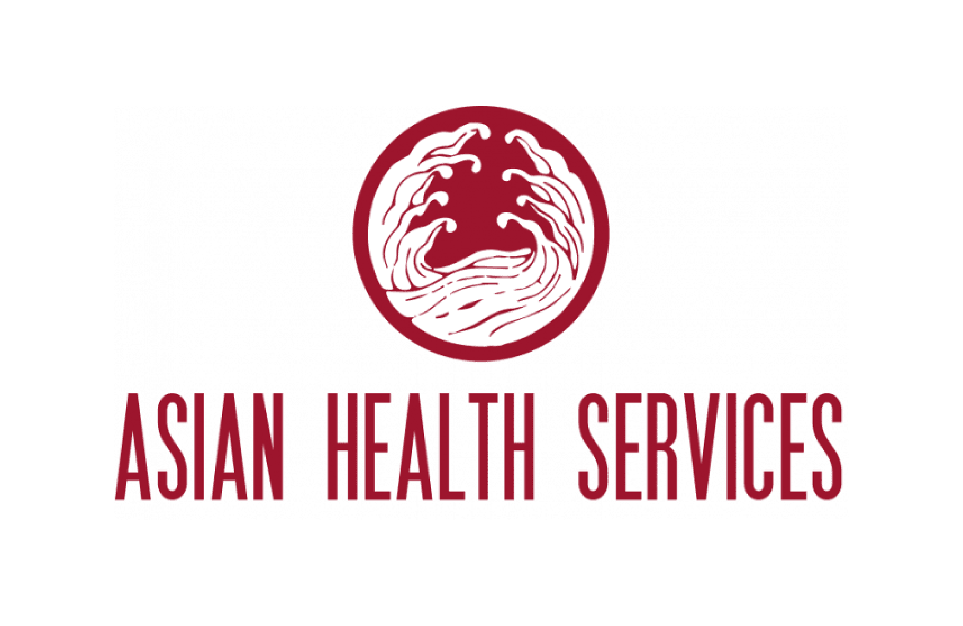 Asian Health Services logo in red with circular emblem above organization name