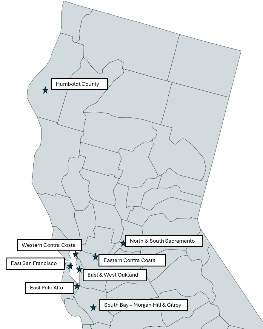 Map showing eligible Northern California community focus areas for program participation